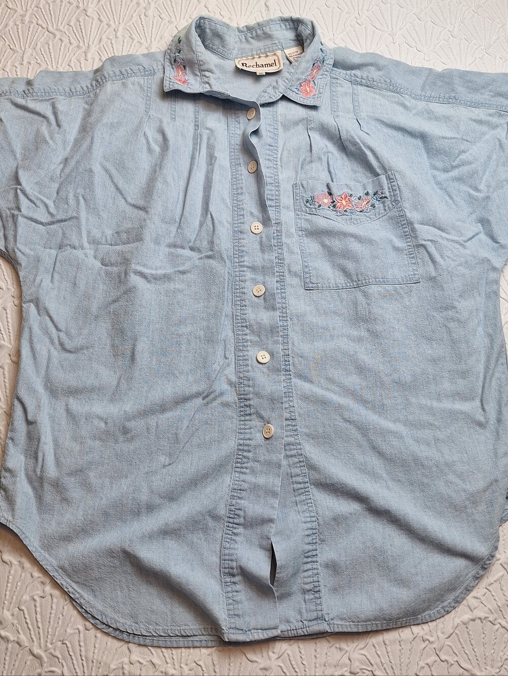 Vtg Bechamel Denim Button Down Short Sleeved, Embroidered, Size M